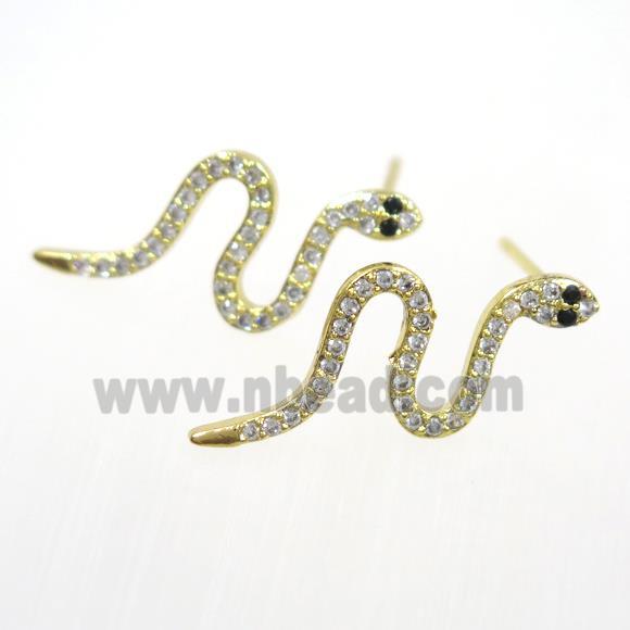 copper snake earring paved zircon, gold plated