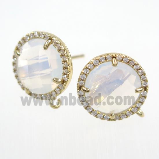copper earring paved zircon with white glass opalite
