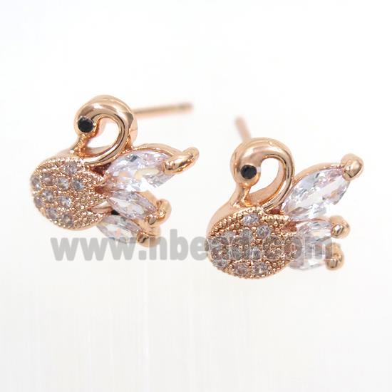 copper swan earring studs paved zircon, rose gold