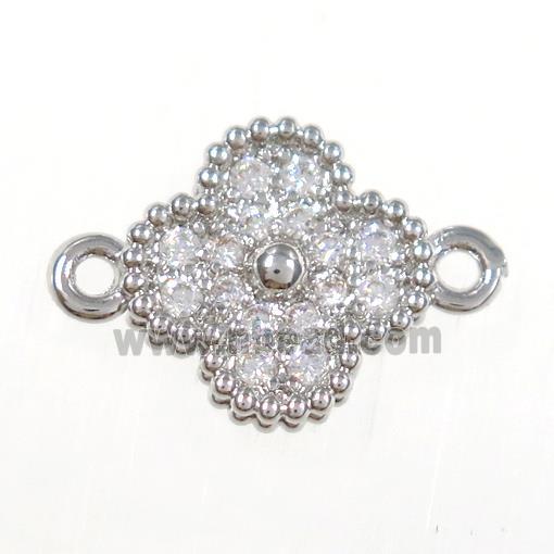 copper clover connector paved zircon, platinum plated