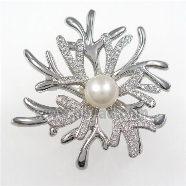 copper brooch paved zircon with pearl, platinum plated