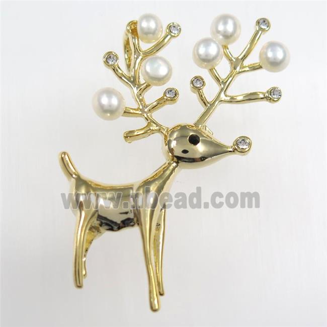copper christmas Reindeer brooch paved zircon with pearl, gold plated