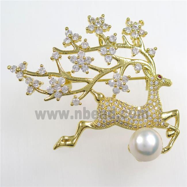 Christmas Reindeer copper brooch paved zircon with pearl, gold plated