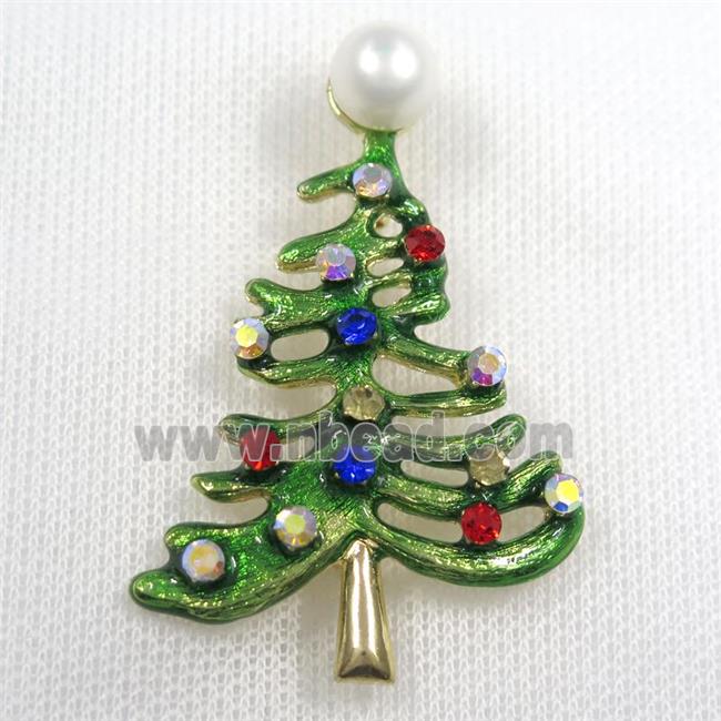 christmas tree copper brooch paved zircon, enamel, gold plated
