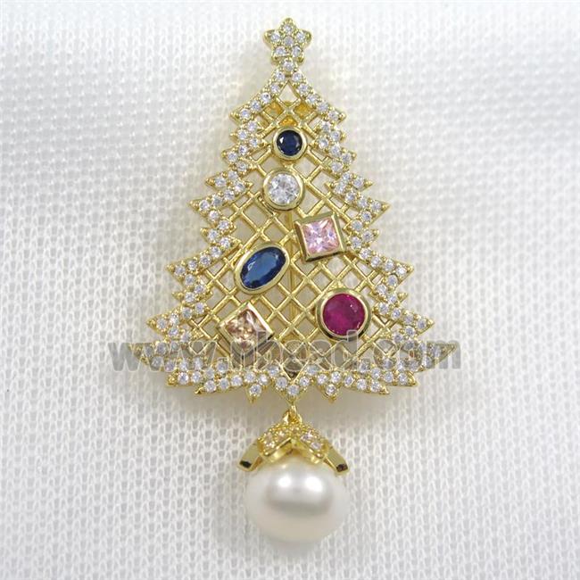 christmas tree copper brooch paved zircon, gold plated