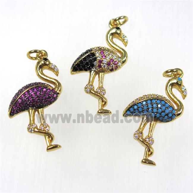 copper crane pendants paved zircon, gold plated, mixed