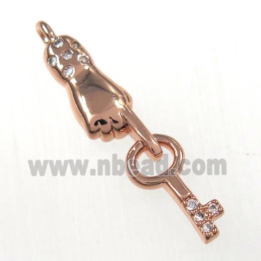 copper handkey pendants paved zircon, rose gold