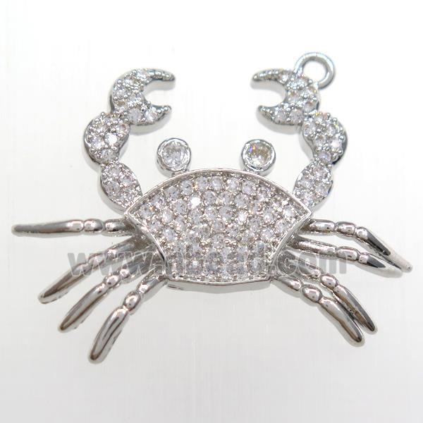 copper Crab pendant paved zircon, platinum plated