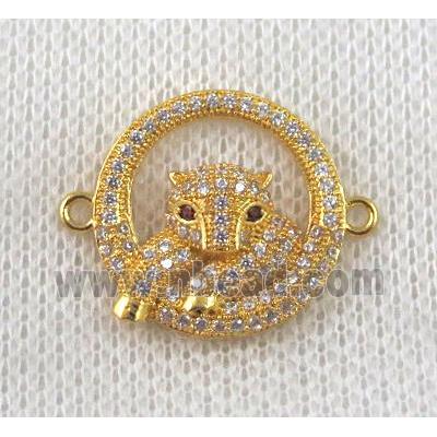 copper leopard head connector paved zircon, gold plated