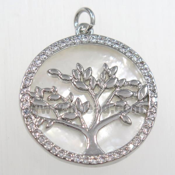 copper circle pendant paved zircon, tree of life, platinum plated