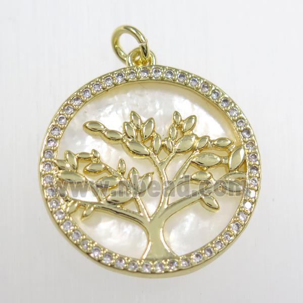 copper circle pendant paved zircon, tree of life, gold plated