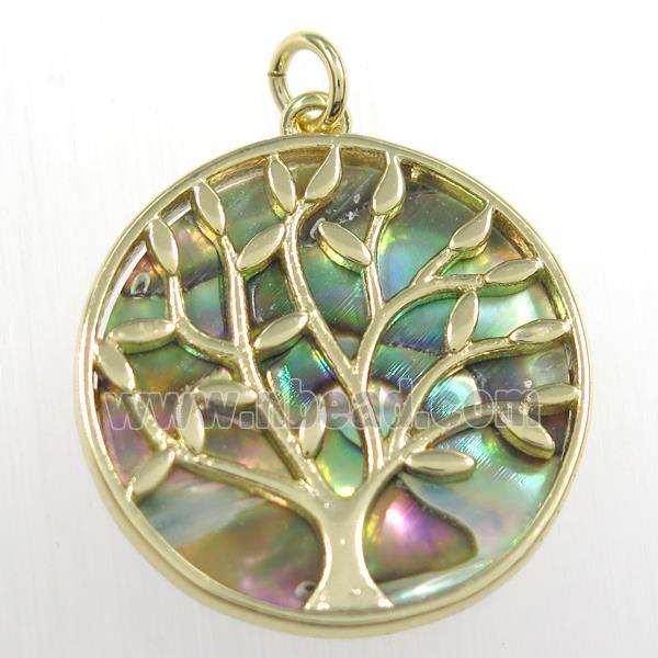 copper circle pendant with abalone shell, tree of life, gold plated