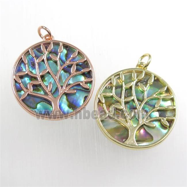 copper circle pendant with abalone shell, tree of life, mix color