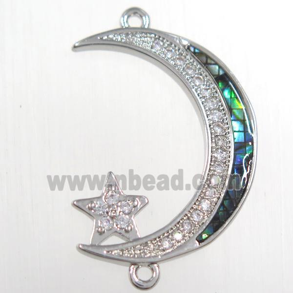 copper connector paved zircon with abalone shell, moon star, platinum plated