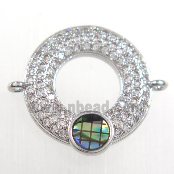copper donut connector paved zircon with abalone shell, platinum plated