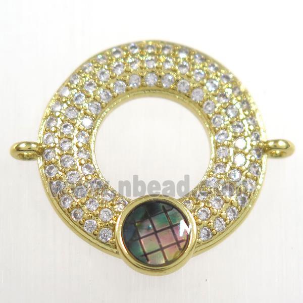 copper donut connector paved zircon with abalone shell, gold plated