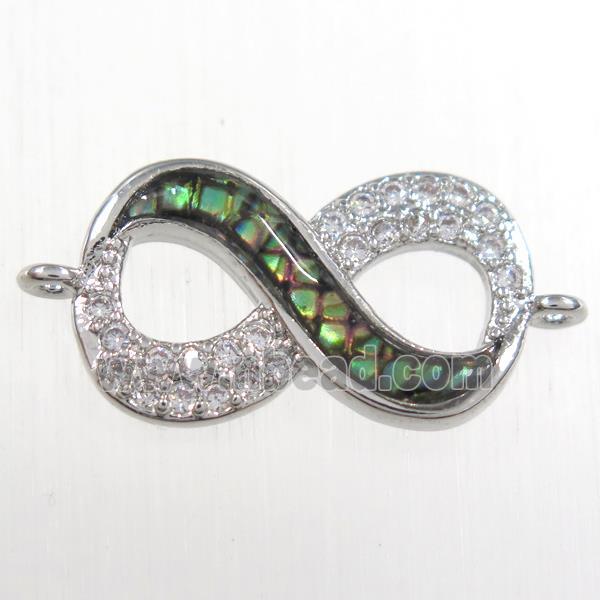 copper infinity connector paved zircon with abalone shell, platinum plated