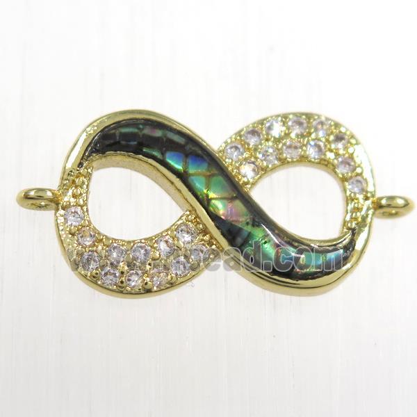 copper infinity connector paved zircon with abalone shell, gold plated