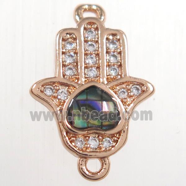 copper hamsahand connector paved zircon with abalone shell, rose gold