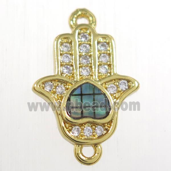 copper hamsahand connector paved zircon with abalone shell, gold plated