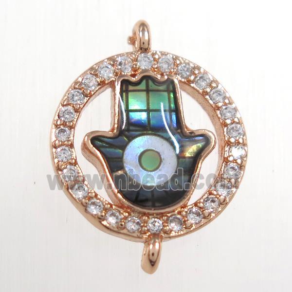 copper hamsahand connector paved zircon with abalone shell, rose gold