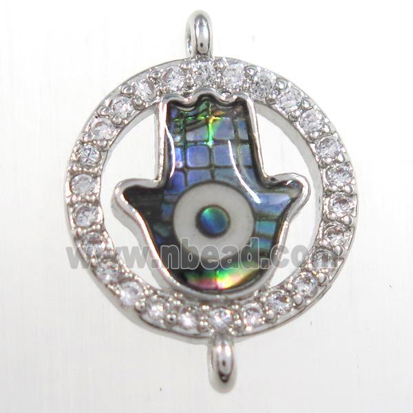 copper hamsahand connector paved zircon with abalone shell, platinum plated