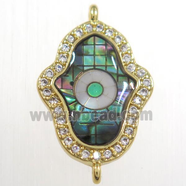 copper hamsahand connector paved zircon with abalone shell, gold plated