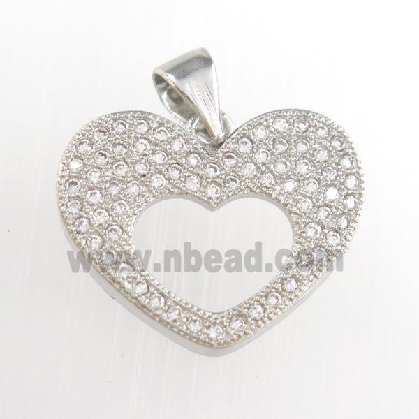 copper heart pendants paved zircon, platinum plated