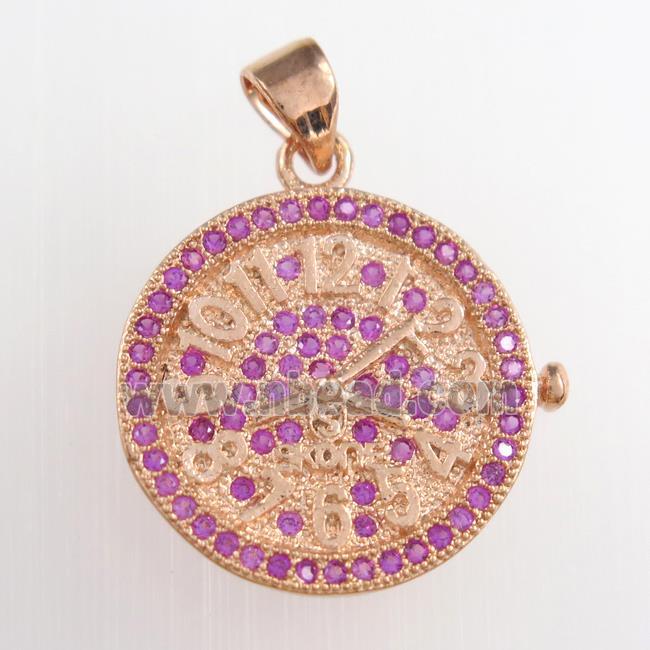 copper clock pendants paved zircon, circle, rose gold