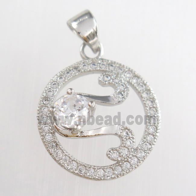 copper circle pendants paved zircon, platinum plated