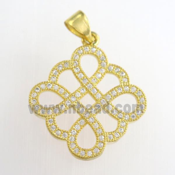copper knot square pendants paved zircon, gold plated