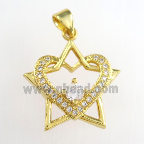 copper starheart pendants paved zircon, gold plated