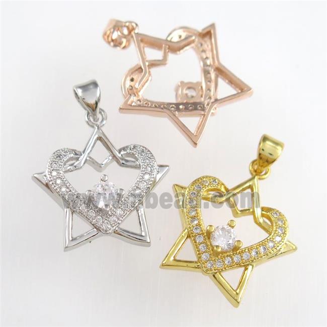 copper starheart pendants paved zircon, mixed color