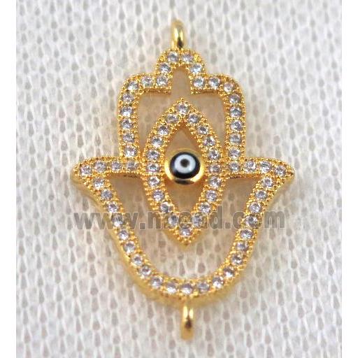 copper hamsahand connector paved zircon with evil eye, gold plated
