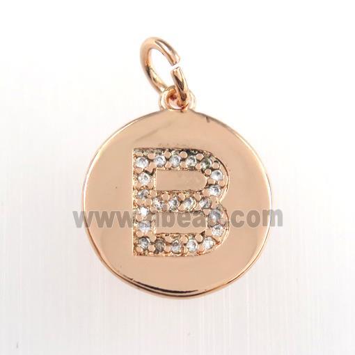 copper pendant paved zircon, letter B, rose gold