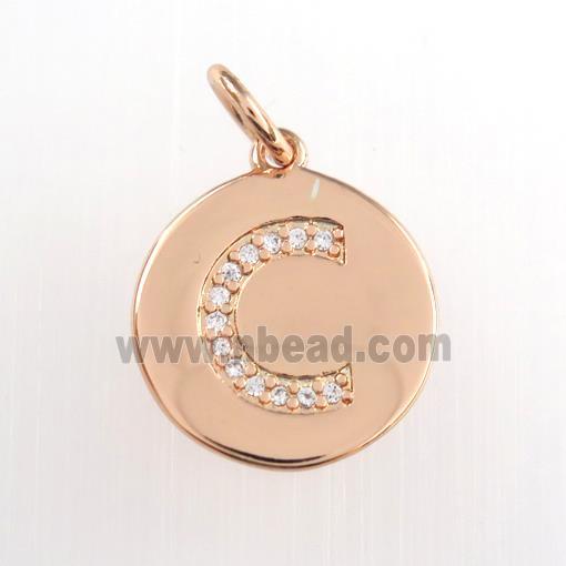 copper pendant paved zircon, letter C, rose gold