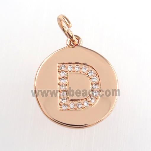 copper pendant paved zircon, letter D, rose gold