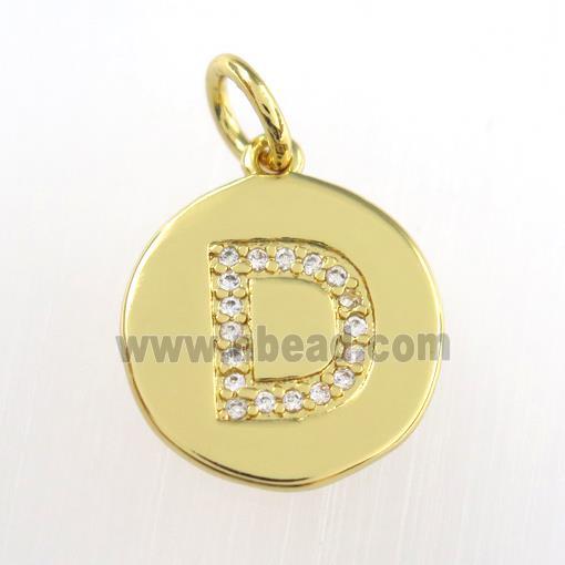 copper pendant paved zircon, letter D, gold plated