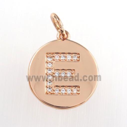 copper pendant paved zircon, letter E, rose gold