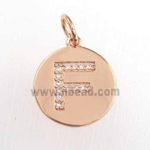 copper pendant paved zircon, letter F, rose gold