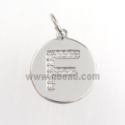 copper pendant paved zircon, letter F, platinum plated