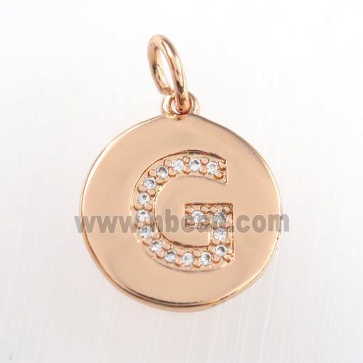 copper pendant paved zircon, letter G, rose gold