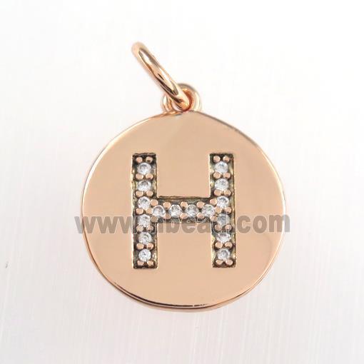copper pendant paved zircon, letter H, rose gold