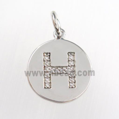 copper pendant paved zircon, letter H, platinum plated