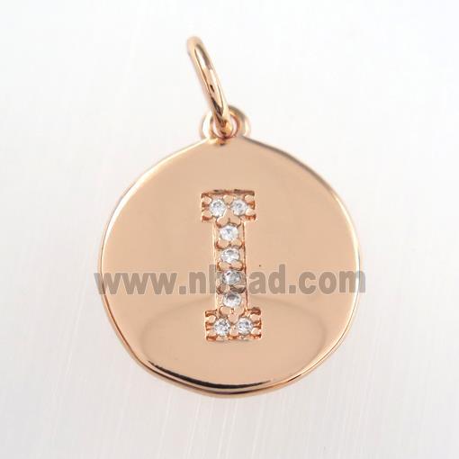 copper pendant paved zircon, letter I, rose gold