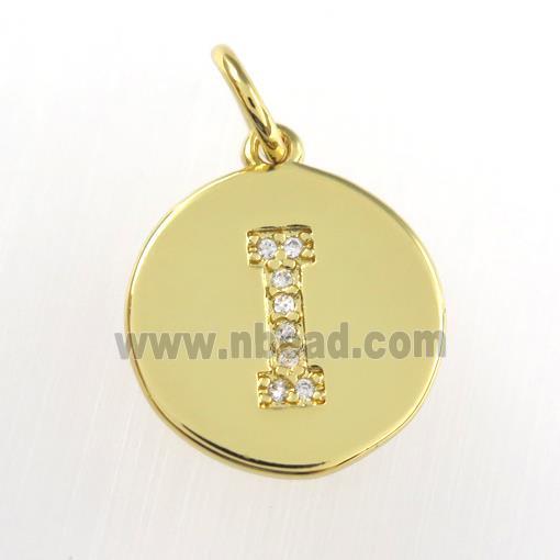 copper pendant paved zircon, letter I, gold plated