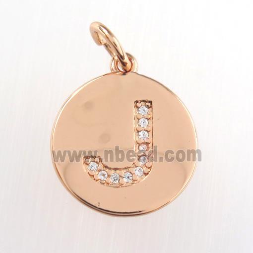 copper pendant paved zircon, letter J, rose gold