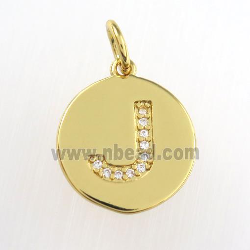 copper pendant paved zircon, letter J, gold plated