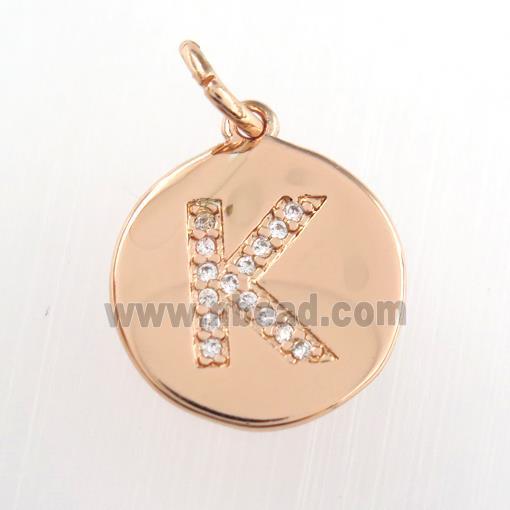 copper pendant paved zircon, letter K, rose gold