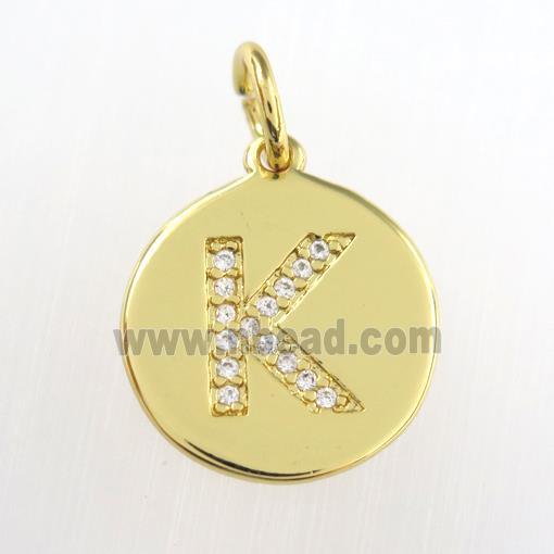 copper pendant paved zircon, letter K, gold plated
